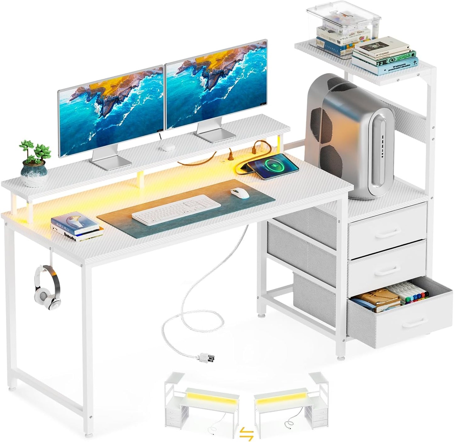 AODK 59 Inch Gaming Desk with USB Charging Ports & LED Light- Reversible Computer Desk with Storage Shelves & Monitor Stand, Modern Gamer Desk Table with Fabric Drawers & Side Hook, Carbon Fiber Black