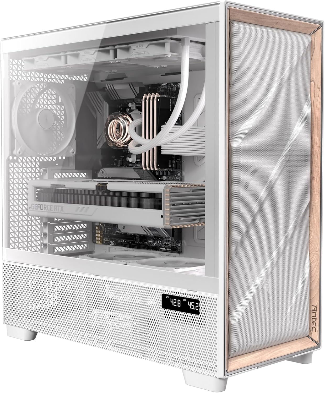 Antec Flux Pro, 6 X PWM Fans Included, High-Airflow Front Panel with Walnut Wood, Ishift PSU 90° Mount, USB3.0 X 2, Type-C, 420Mm Radiator Support, Temp. Display, Full-Tower E-ATX PC Case