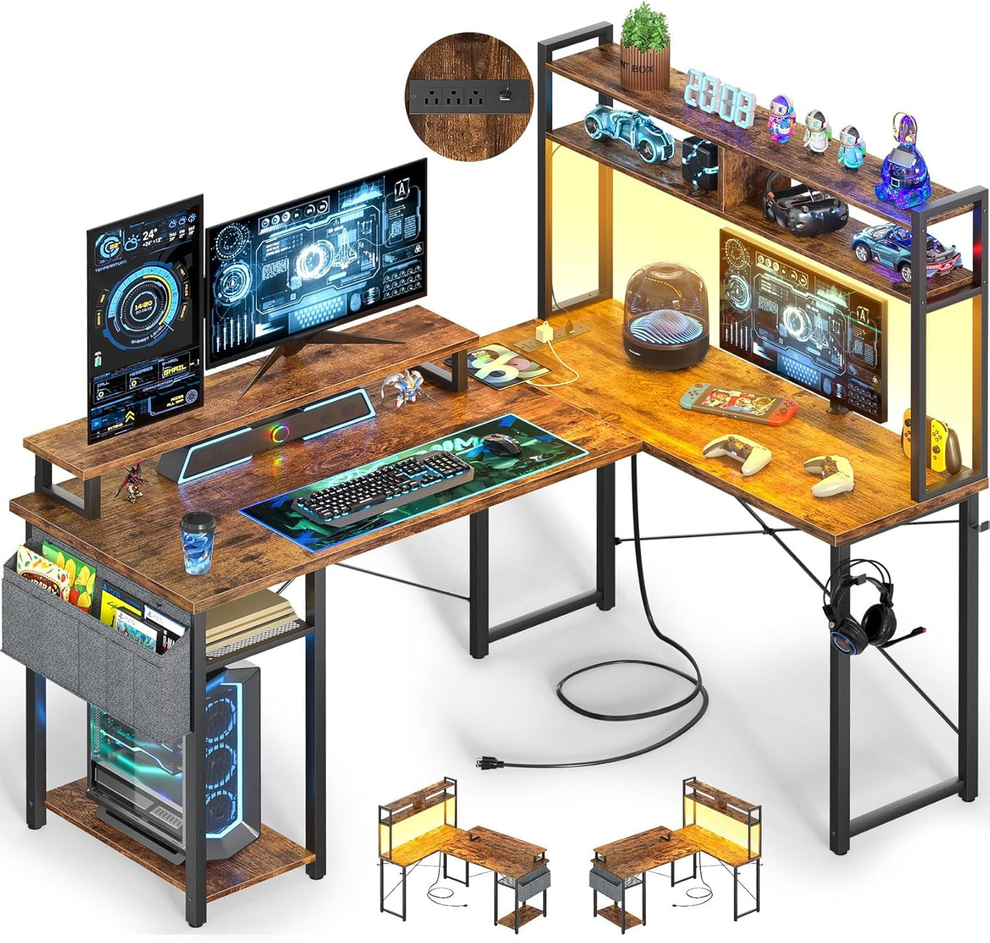 Small L Shaped Gaming Desk with Power Outlets, 48" Reversible L Shaped LED Computer Desk with Monitor Stand & Storage Shelf, Corner Gamer Desk Home Office Desk with Storage Bag, Rustic Brown