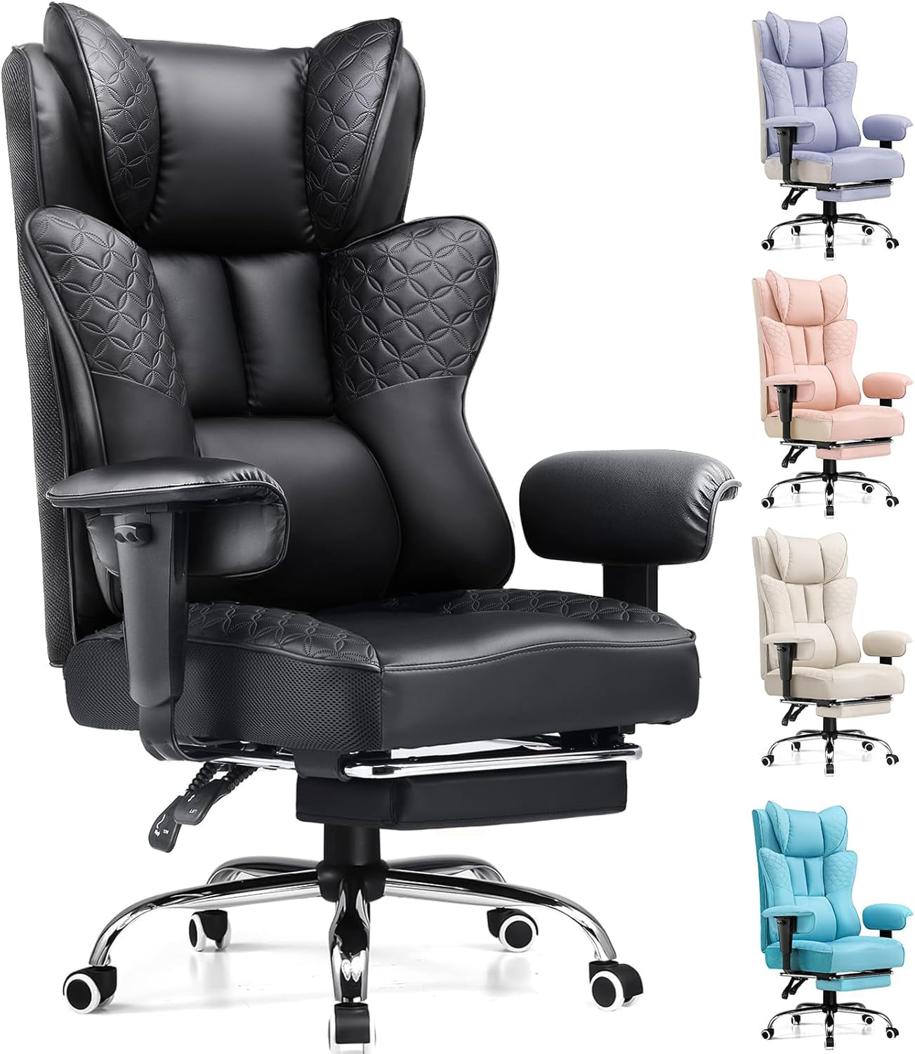 GTPLAYER Big and Tall Office Chair 400LBS Wide Ergonomic Gaming Chair with Deluxe Embossing Designed Leather with Foot Rest,150°Reclining Adjustable Soft Armrests Pocket Spring Back Support and Pillow