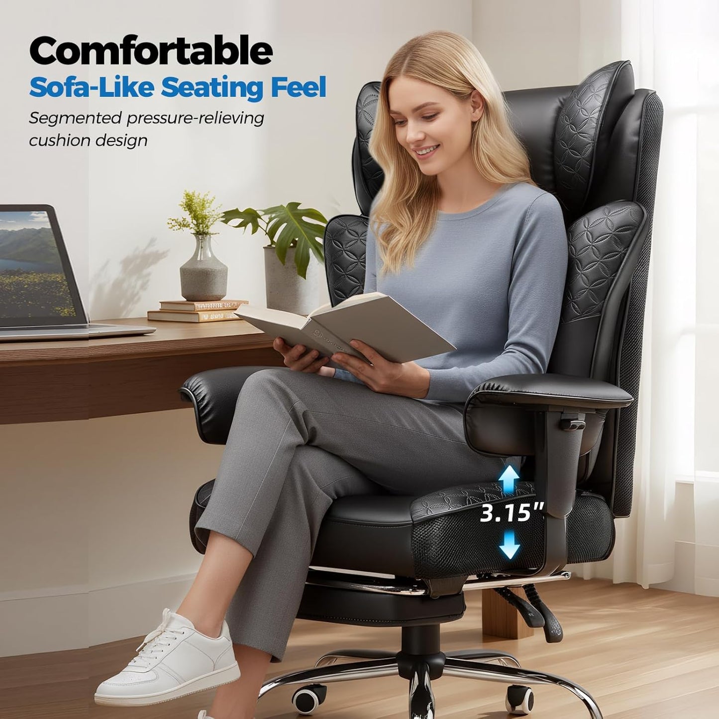 GTPLAYER Big and Tall Office Chair 400LBS Wide Ergonomic Gaming Chair with Deluxe Embossing Designed Leather with Foot Rest,150°Reclining Adjustable Soft Armrests Pocket Spring Back Support and Pillow