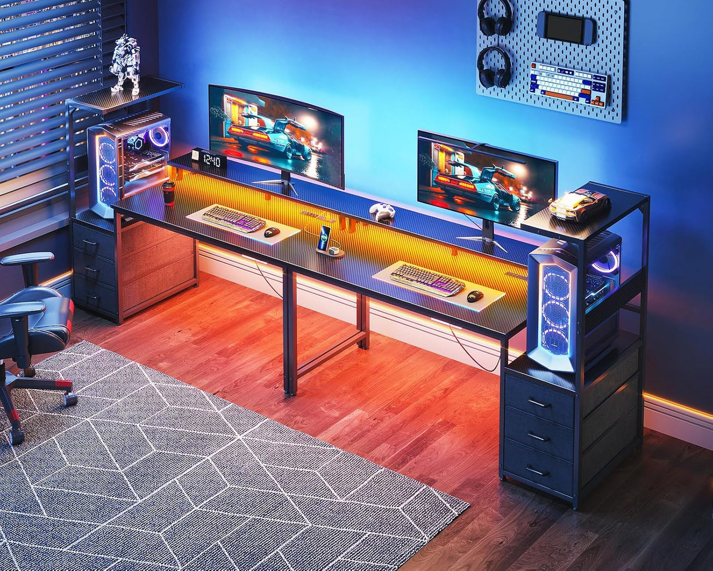 AODK 59 Inch Gaming Desk with USB Charging Ports & LED Light- Reversible Computer Desk with Storage Shelves & Monitor Stand, Modern Gamer Desk Table with Fabric Drawers & Side Hook, Carbon Fiber Black