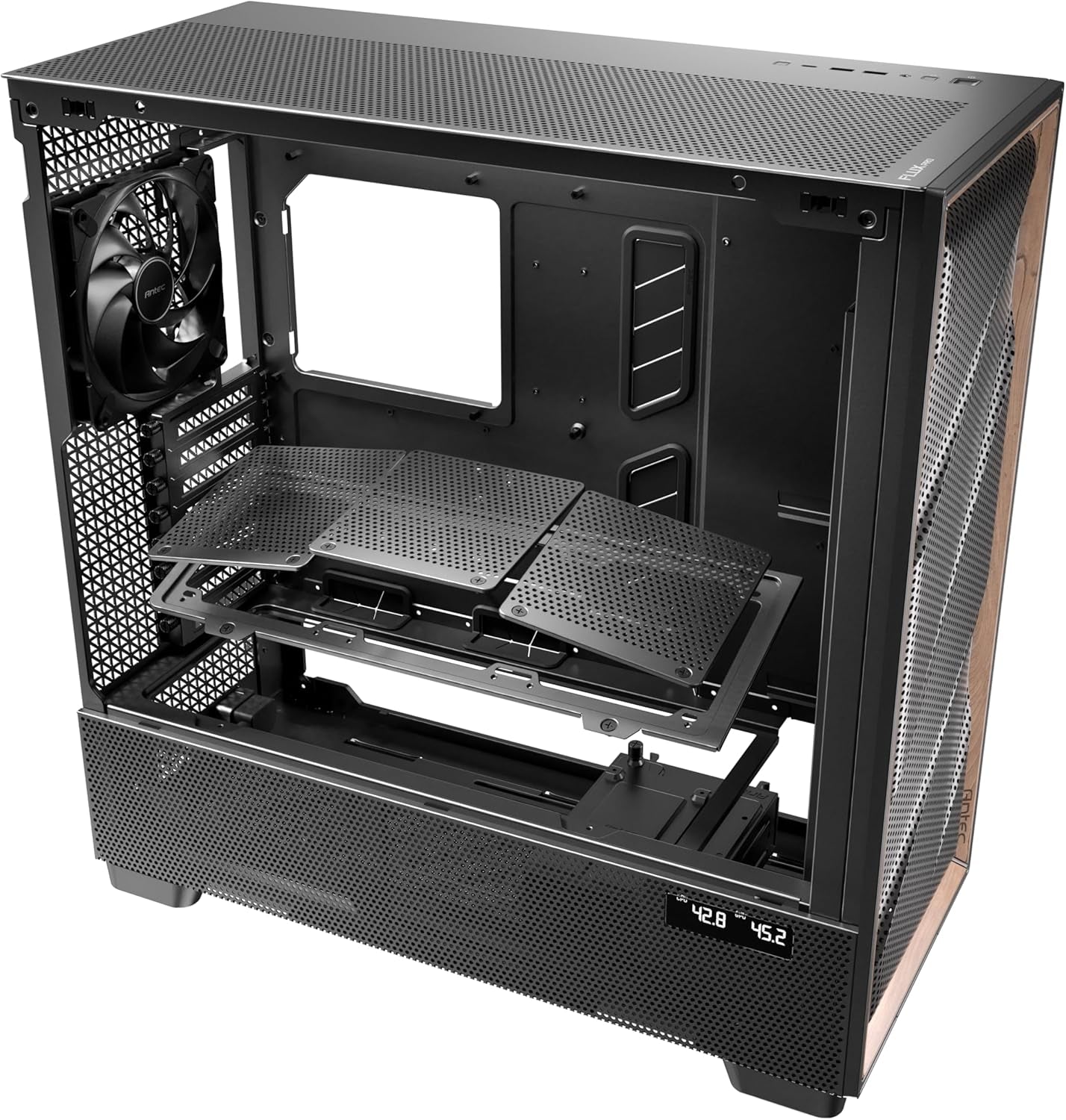Antec Flux Pro, 6 X PWM Fans Included, High-Airflow Front Panel with Walnut Wood, Ishift PSU 90° Mount, USB3.0 X 2, Type-C, 420Mm Radiator Support, Temp. Display, Full-Tower E-ATX PC Case