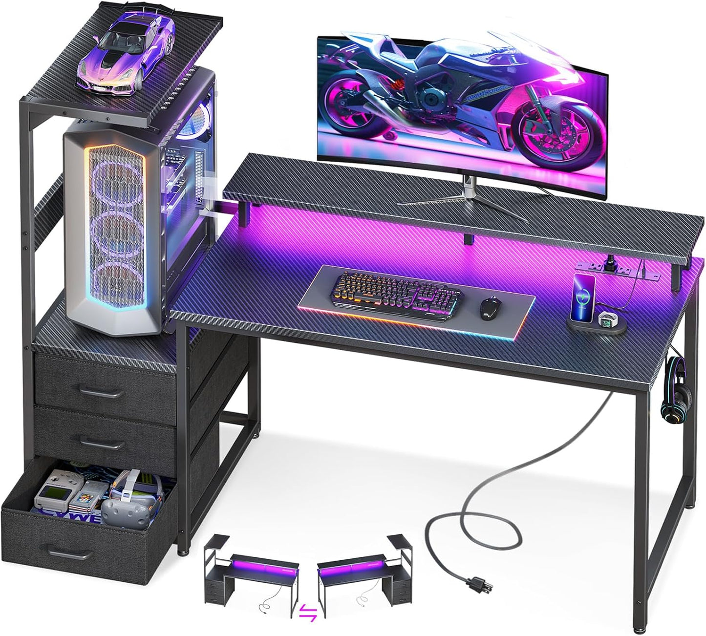 AODK 59 Inch Gaming Desk with USB Charging Ports & LED Light- Reversible Computer Desk with Storage Shelves & Monitor Stand, Modern Gamer Desk Table with Fabric Drawers & Side Hook, Carbon Fiber Black