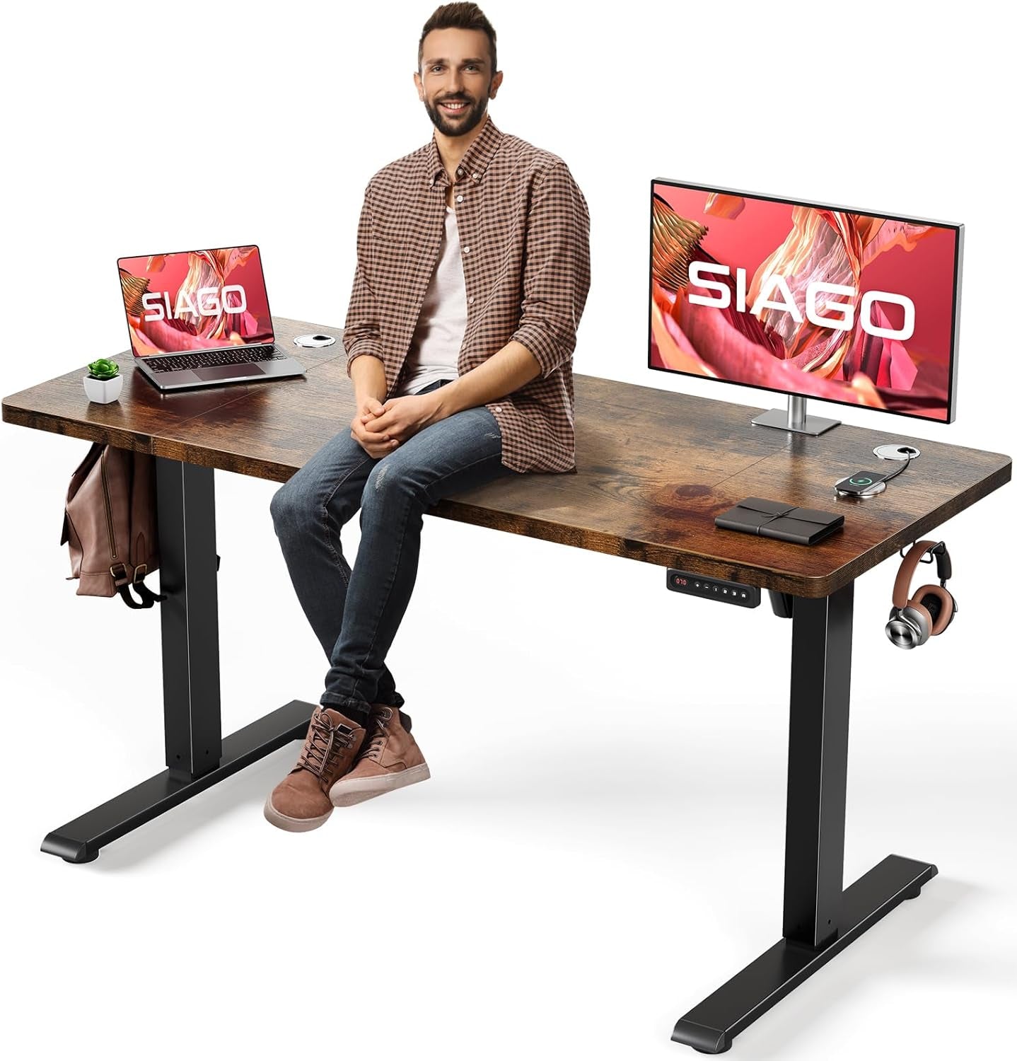 SIAGO Electric Standing Desk Adjustable - 48 X 24 Inch Sit Stand up Desk with Cable Management - 3 Memory Preset Adjustable Height Table