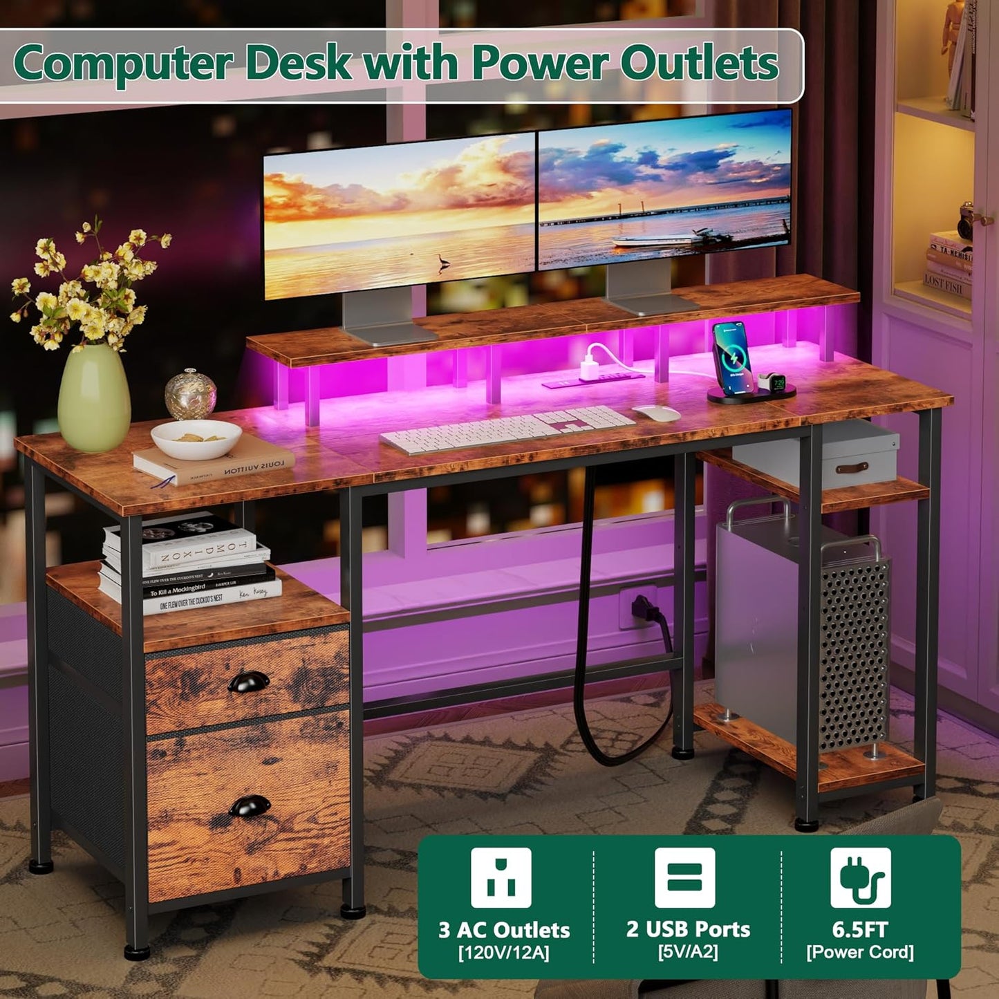 Furologee 61" Computer Desk with Power Outlet & LED Lights, Reversible Gaming Desk with File Cabinet & Monitor Stand for Home Office, Writing Study Table with Storage Shelves and Drawer, Rustic Brown