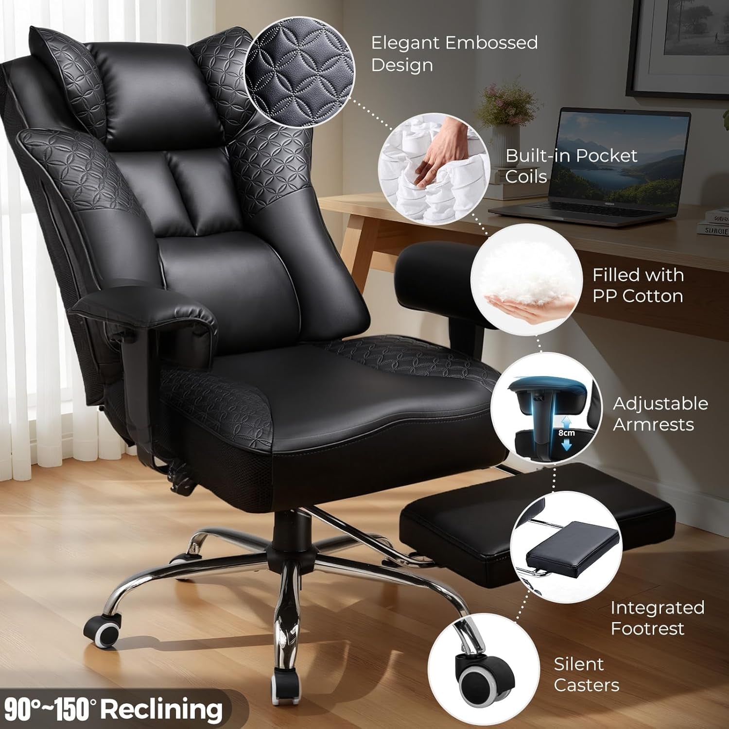 GTPLAYER Big and Tall Office Chair 400LBS Wide Ergonomic Gaming Chair with Deluxe Embossing Designed Leather with Foot Rest,150°Reclining Adjustable Soft Armrests Pocket Spring Back Support and Pillow