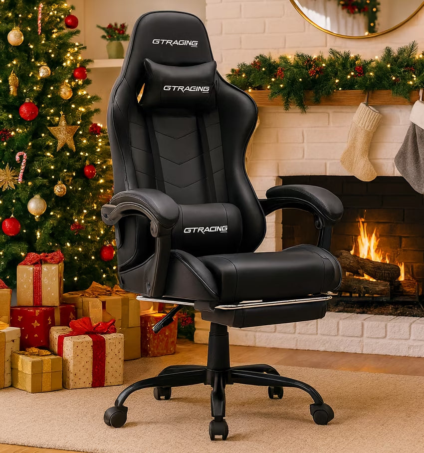 GTRACING Ergonomic GTWD-200 Gaming Chair with Adjustable Pillows and Footrest, Black