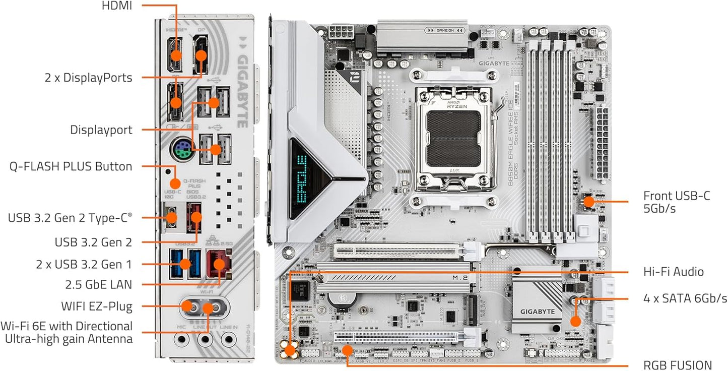 GIGABYTE B850M Eagle WIFI6E ICE AMD AM5 Motherboard, M-ATX, DDR5, 2X M.2, Pcie 5.0, USB-C, USB 3.2 Gen 2, WIFI6E, 2.5Gbe LAN, Ez-Latch, Wi-Fi Ez-Plug