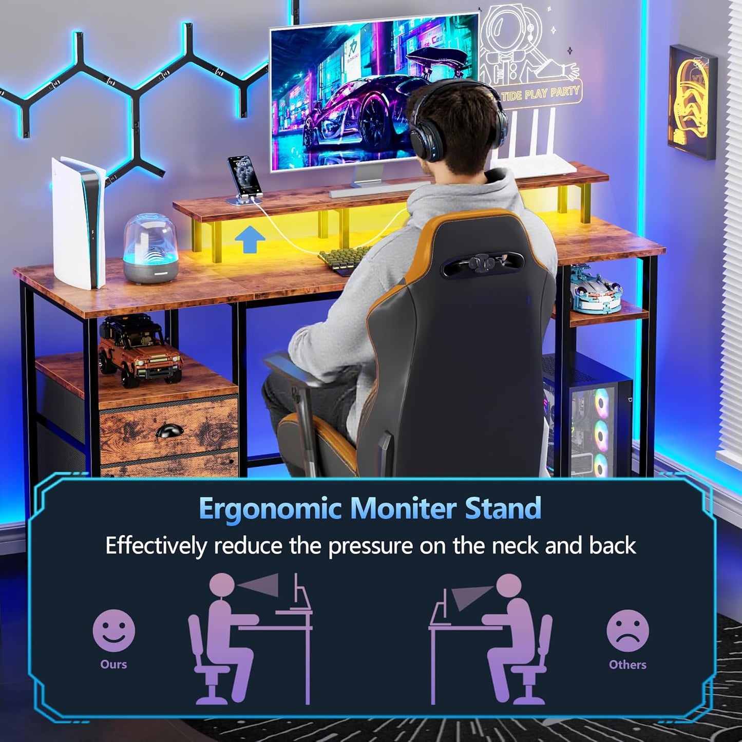 Furologee 61" Computer Desk with Power Outlet & LED Lights, Reversible Gaming Desk with File Cabinet & Monitor Stand for Home Office, Writing Study Table with Storage Shelves and Drawer, Rustic Brown