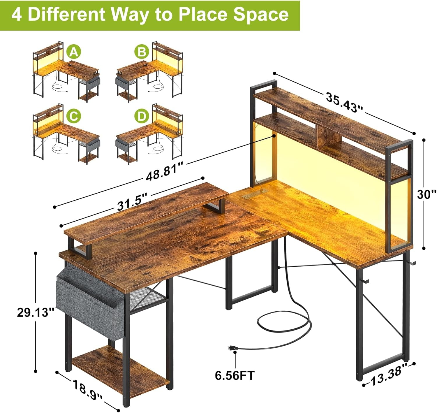 Small L Shaped Gaming Desk with Power Outlets, 48" Reversible L Shaped LED Computer Desk with Monitor Stand & Storage Shelf, Corner Gamer Desk Home Office Desk with Storage Bag, Rustic Brown
