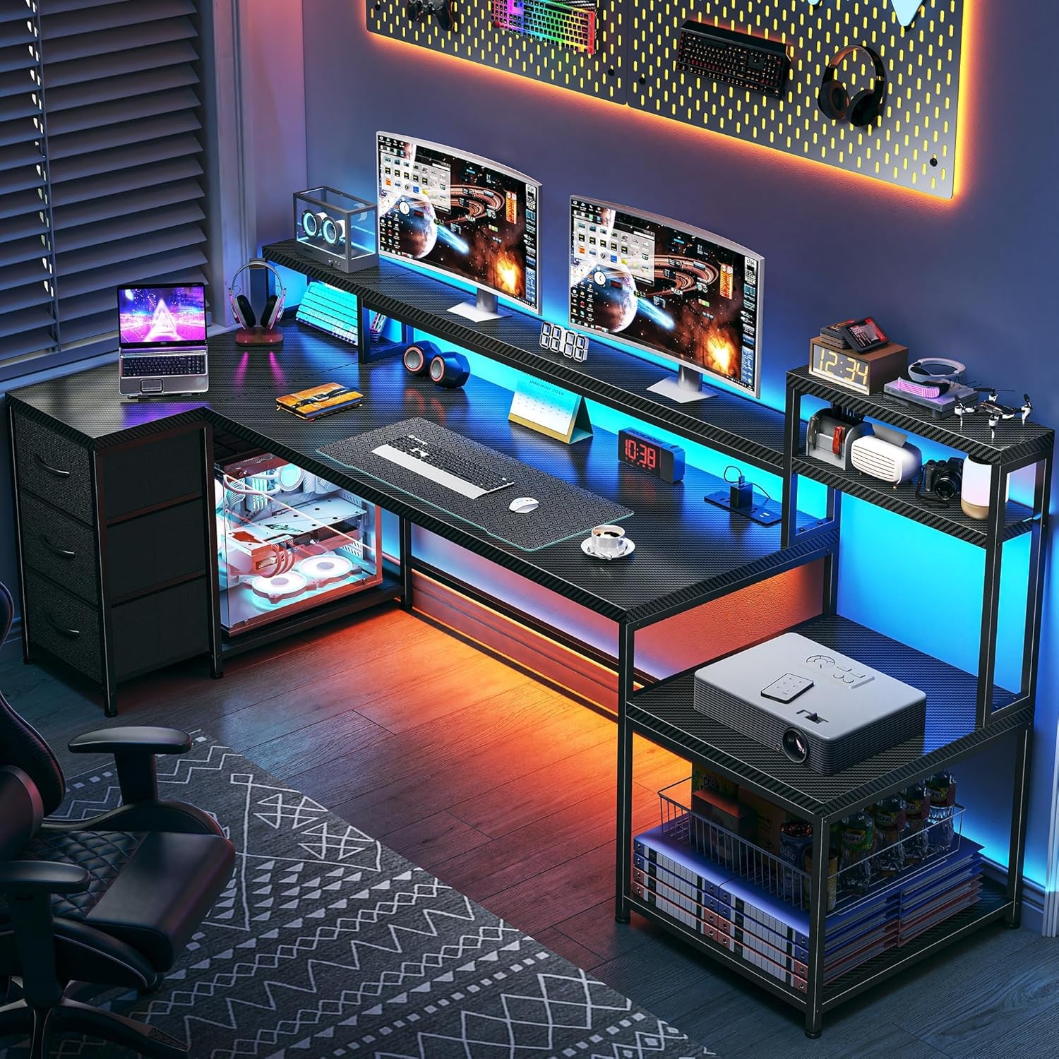 71" L Shaped Gaming Desk with 3 Drawers & Hutch, Computer Desk with Monitor Stand & Power Outlet, Home Office Desk Reversible Black Desk with LED Light,Printer Shelf,Storage Shelves,Black Carbon Fiber