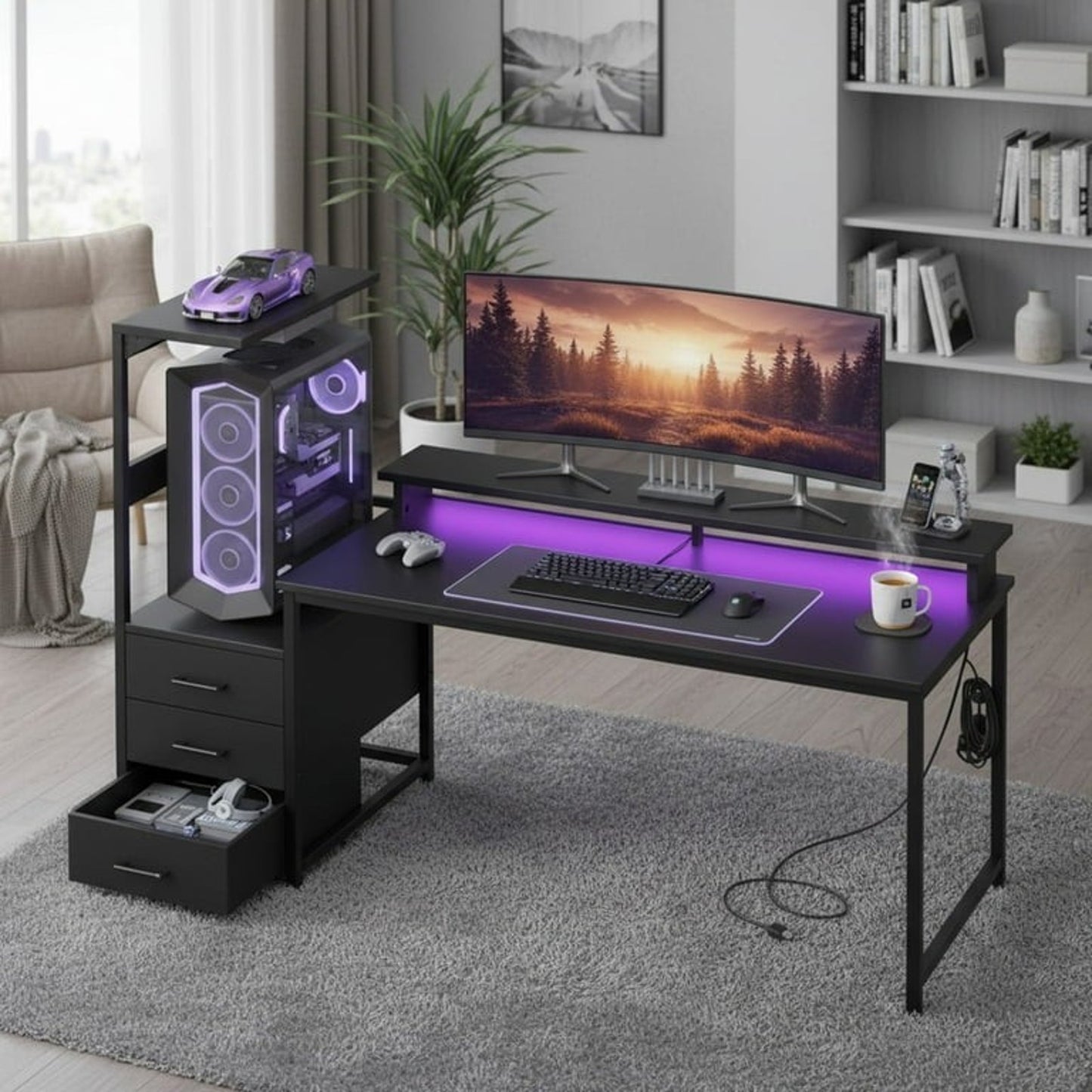 59 Inch Led Desk With Drawers