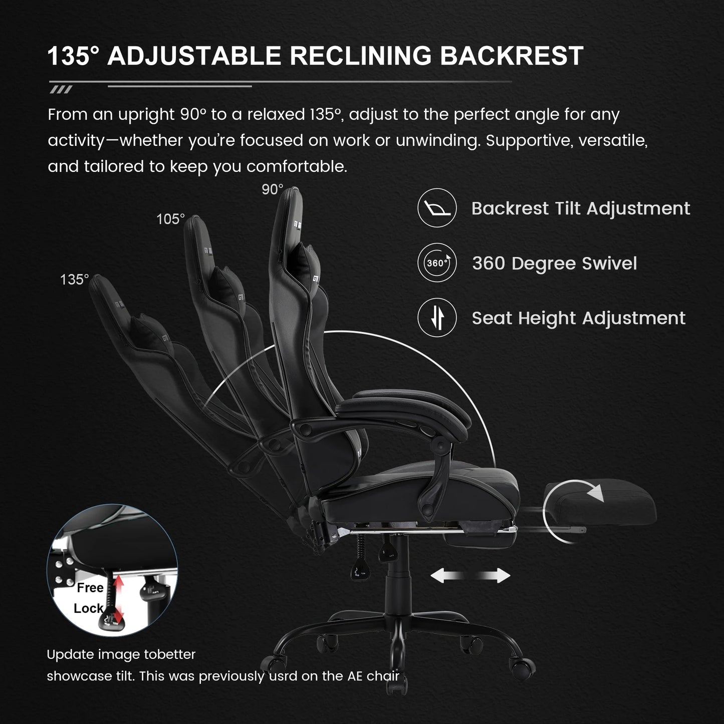GTRACING Ergonomic GTWD-200 Gaming Chair with Adjustable Pillows and Footrest, Black