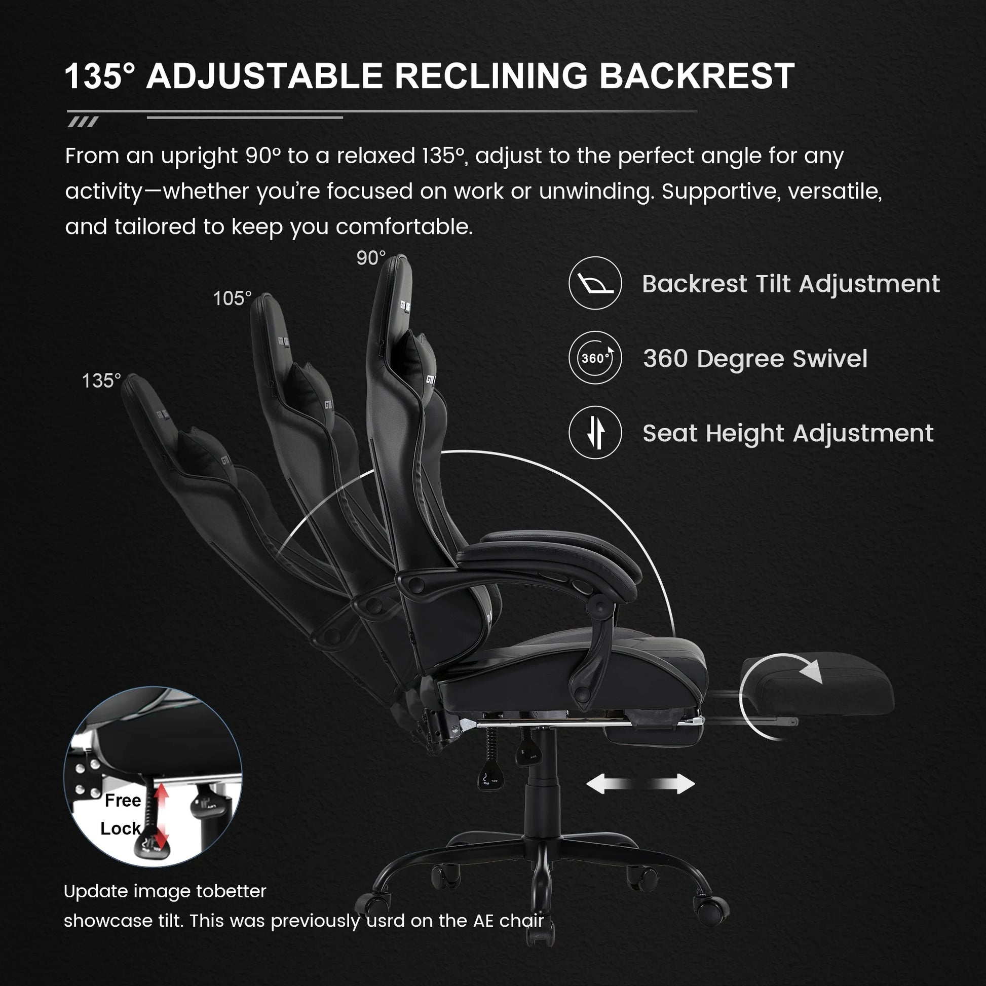 GTRACING Ergonomic GTWD-200 Gaming Chair with Adjustable Pillows and Footrest, Black