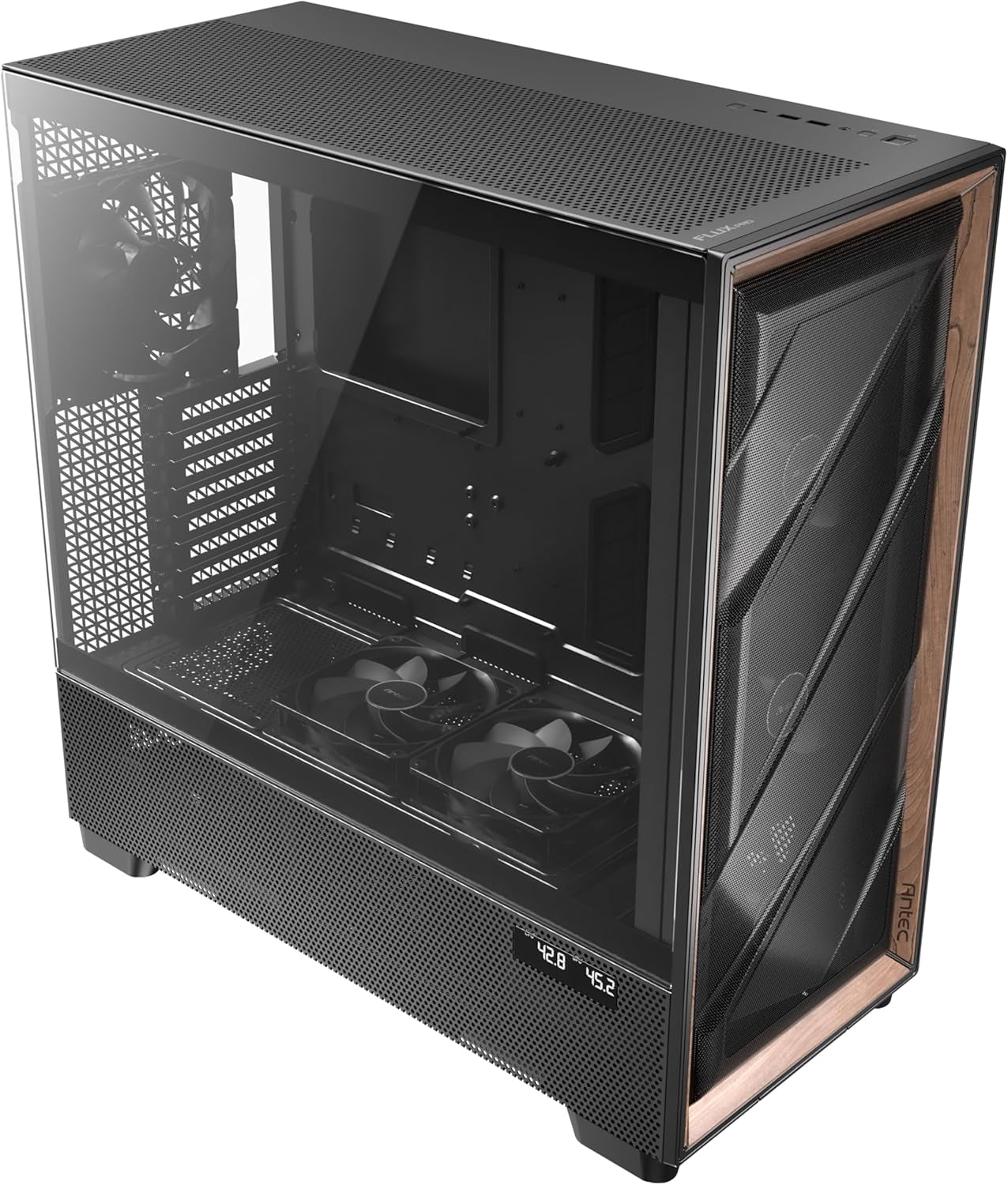 Antec Flux Pro, 6 X PWM Fans Included, High-Airflow Front Panel with Walnut Wood, Ishift PSU 90° Mount, USB3.0 X 2, Type-C, 420Mm Radiator Support, Temp. Display, Full-Tower E-ATX PC Case