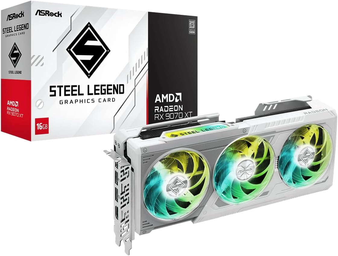 Asrock Radeon RX 9060 XT Steel Legend 8GB GDDR6 OC Graphics Card | 3320 Mhz Boost | Triple Fan | 0Db Cooling | Metal Backplate | Pcie 5.0 | Displayport 2.1A, HDMI 2.1B