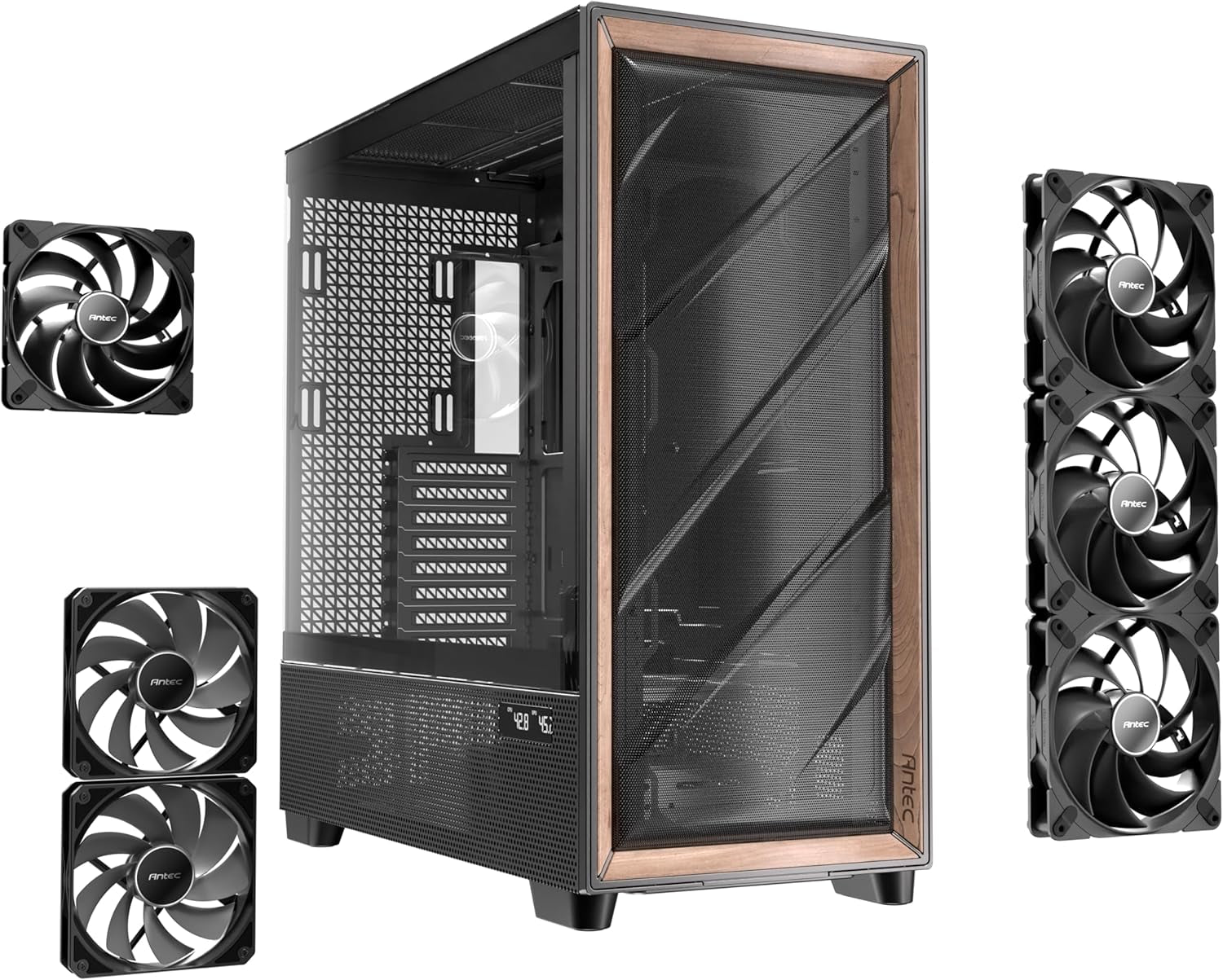 Antec Flux Pro, 6 X PWM Fans Included, High-Airflow Front Panel with Walnut Wood, Ishift PSU 90° Mount, USB3.0 X 2, Type-C, 420Mm Radiator Support, Temp. Display, Full-Tower E-ATX PC Case