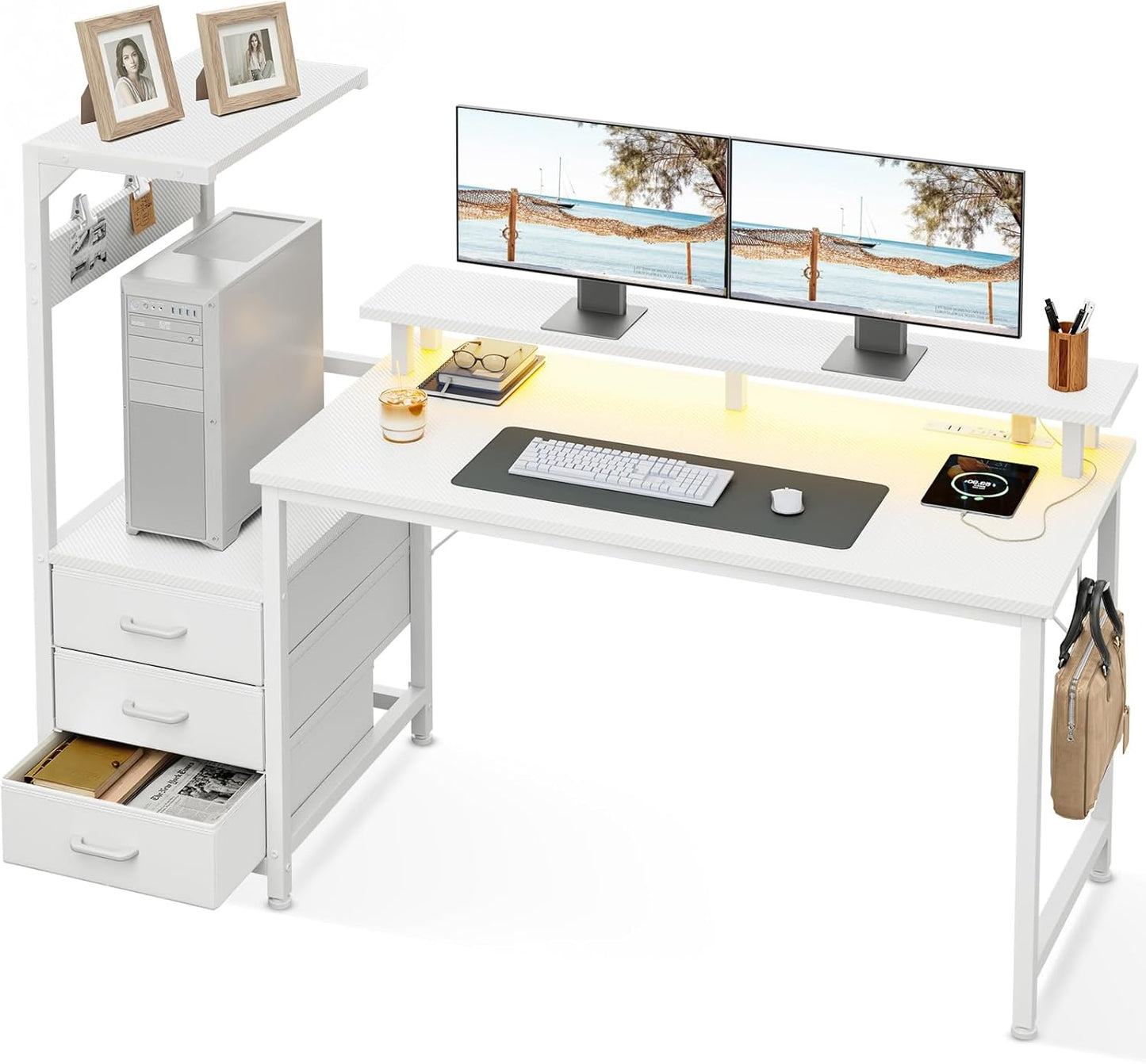 AODK 59 Inch Gaming Desk with USB Charging Ports & LED Light- Reversible Computer Desk with Storage Shelves & Monitor Stand, Modern Gamer Desk Table with Fabric Drawers & Side Hook, Carbon Fiber Black