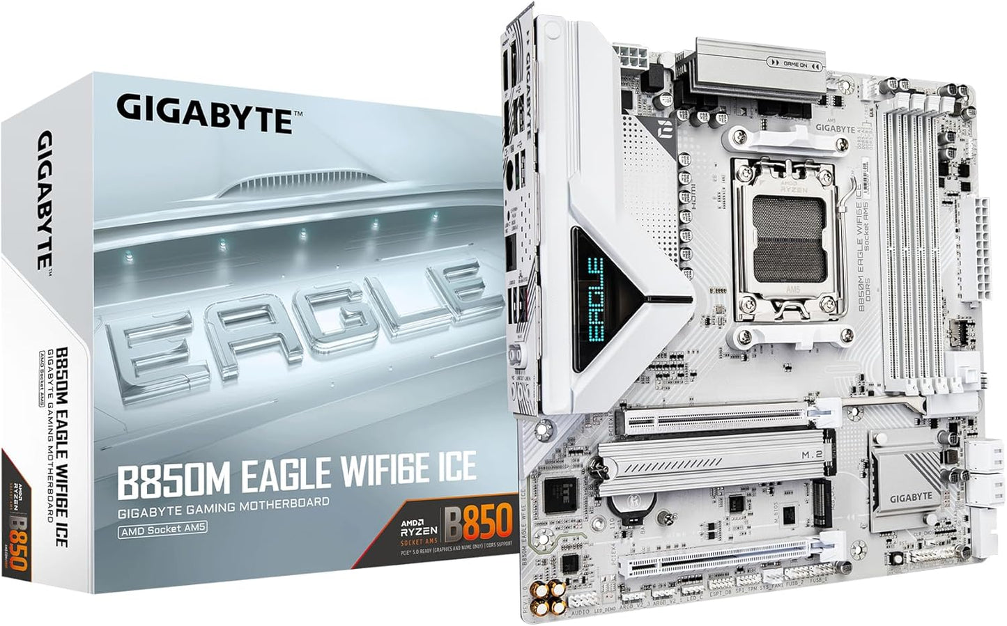 GIGABYTE B850M Eagle WIFI6E ICE AMD AM5 Motherboard, M-ATX, DDR5, 2X M.2, Pcie 5.0, USB-C, USB 3.2 Gen 2, WIFI6E, 2.5Gbe LAN, Ez-Latch, Wi-Fi Ez-Plug