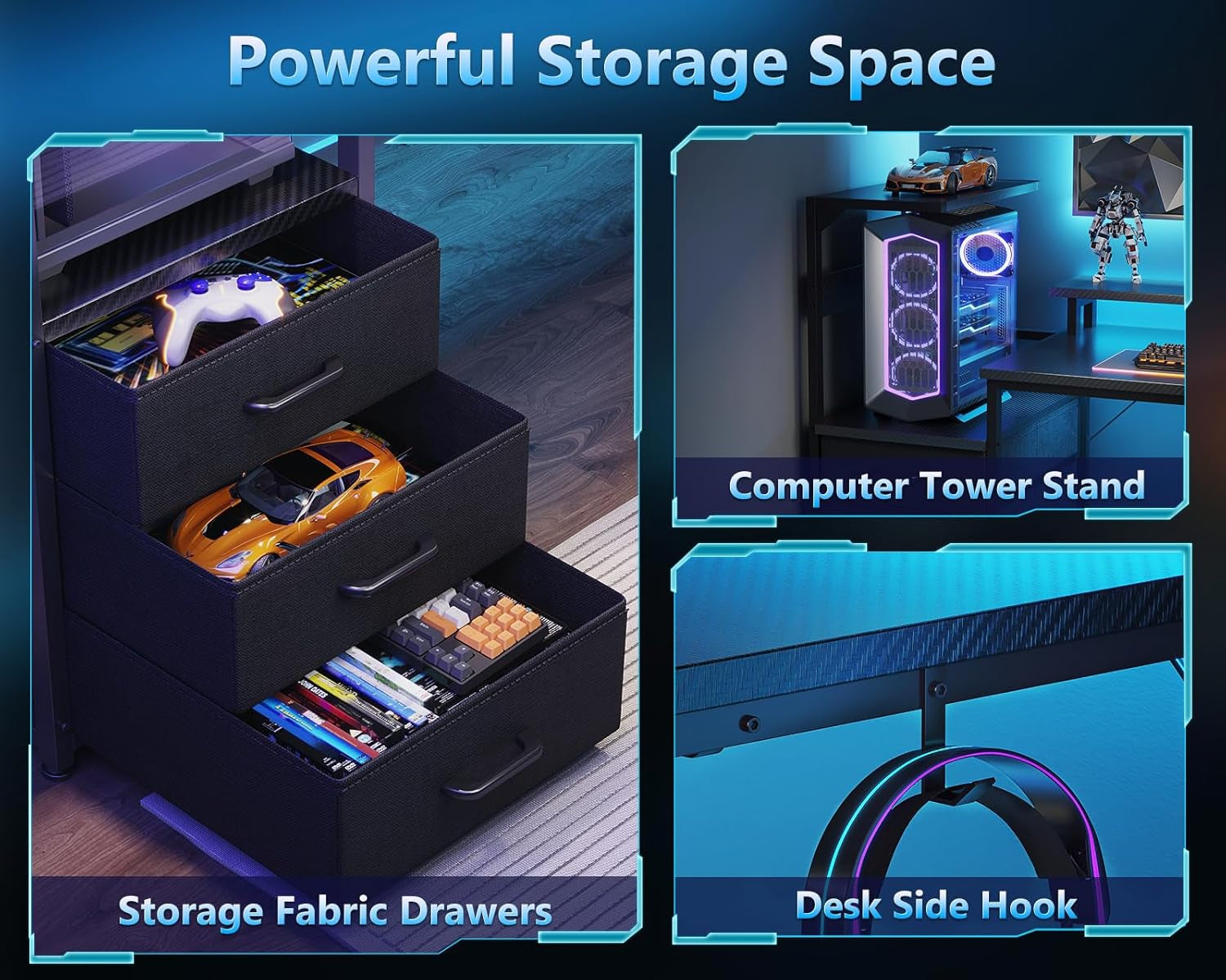 AODK 59 Inch Gaming Desk with USB Charging Ports & LED Light- Reversible Computer Desk with Storage Shelves & Monitor Stand, Modern Gamer Desk Table with Fabric Drawers & Side Hook, Carbon Fiber Black