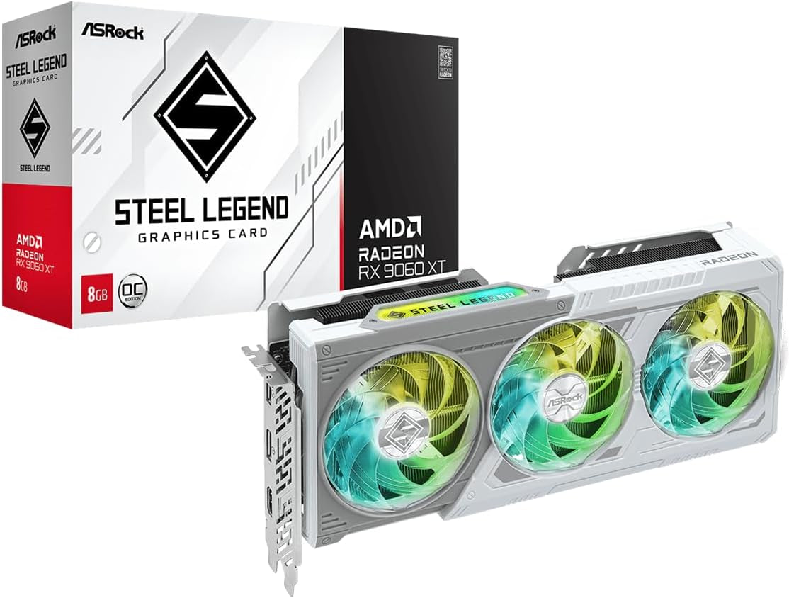 Asrock Radeon RX 9060 XT Steel Legend 8GB GDDR6 OC Graphics Card | 3320 Mhz Boost | Triple Fan | 0Db Cooling | Metal Backplate | Pcie 5.0 | Displayport 2.1A, HDMI 2.1B