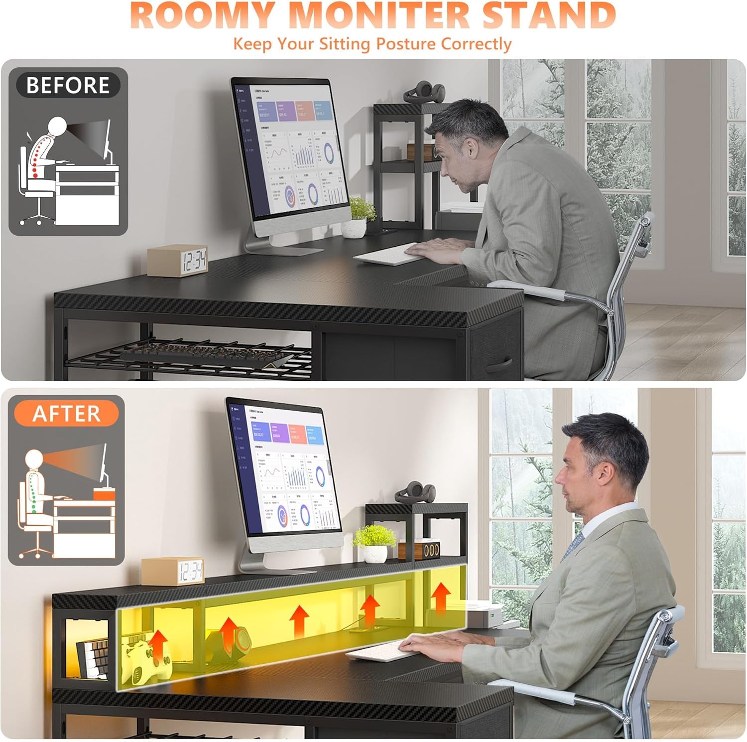 71" L Shaped Gaming Desk with 3 Drawers & Hutch, Computer Desk with Monitor Stand & Power Outlet, Home Office Desk Reversible Black Desk with LED Light,Printer Shelf,Storage Shelves,Black Carbon Fiber