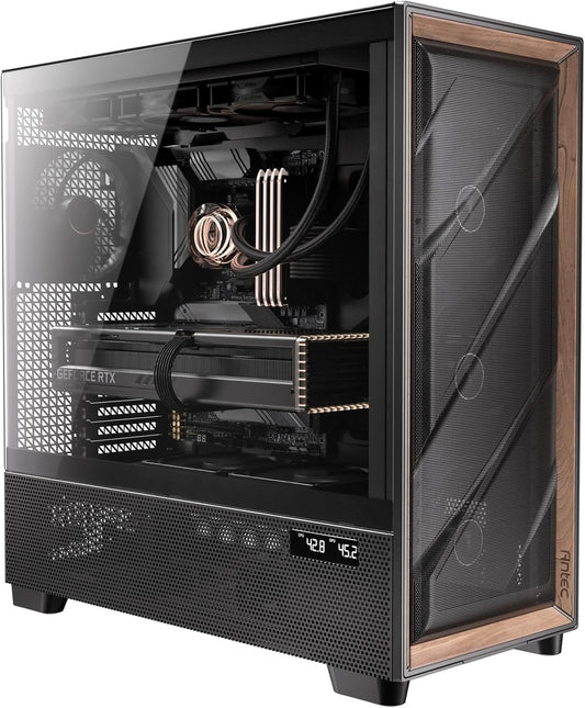 Antec Flux Pro, 6 X PWM Fans Included, High-Airflow Front Panel with Walnut Wood, Ishift PSU 90° Mount, USB3.0 X 2, Type-C, 420Mm Radiator Support, Temp. Display, Full-Tower E-ATX PC Case