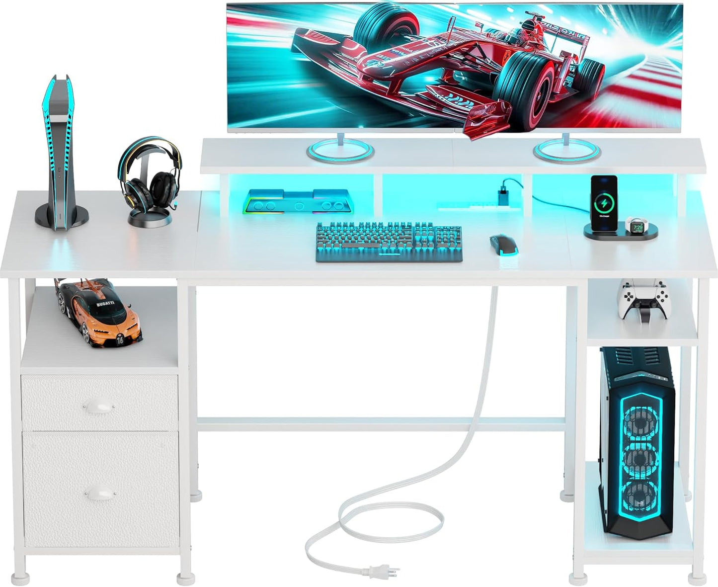 Furologee 61" Computer Desk with Power Outlet & LED Lights, Reversible Gaming Desk with File Cabinet & Monitor Stand for Home Office, Writing Study Table with Storage Shelves and Drawer, Rustic Brown