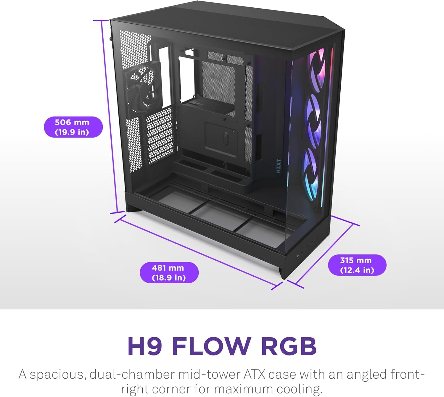 NZXT H9 Flow RGB (2025) – Large Dual-Chamber ATX Mid-Tower Airflow PC Case – Includes 1 X 420Mm RGB Fan Unit & 1 X 120Mm Fan – 420Mm Radiator Support – Tempered Glass – Back-Connect Ready – Black