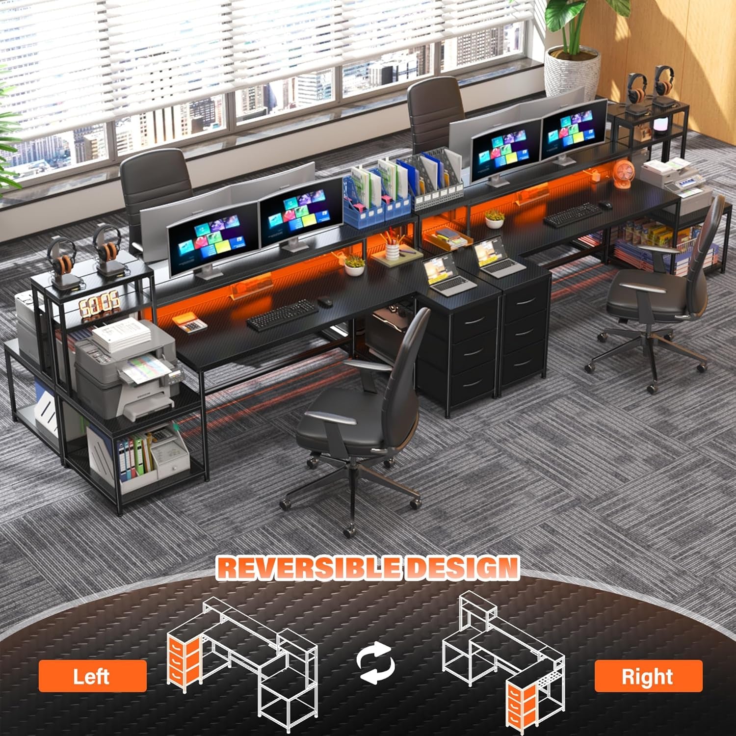 71" L Shaped Gaming Desk with 3 Drawers & Hutch, Computer Desk with Monitor Stand & Power Outlet, Home Office Desk Reversible Black Desk with LED Light,Printer Shelf,Storage Shelves,Black Carbon Fiber