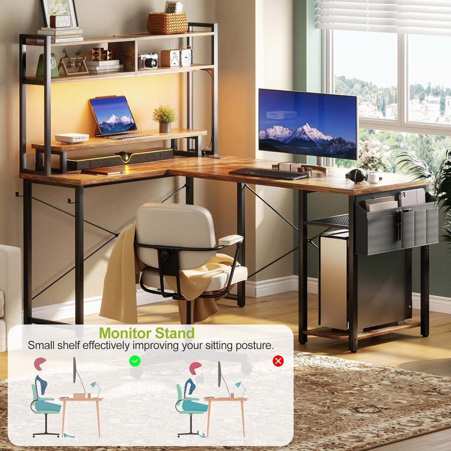 Small L Shaped Gaming Desk with Power Outlets, 48" Reversible L Shaped LED Computer Desk with Monitor Stand & Storage Shelf, Corner Gamer Desk Home Office Desk with Storage Bag, Rustic Brown