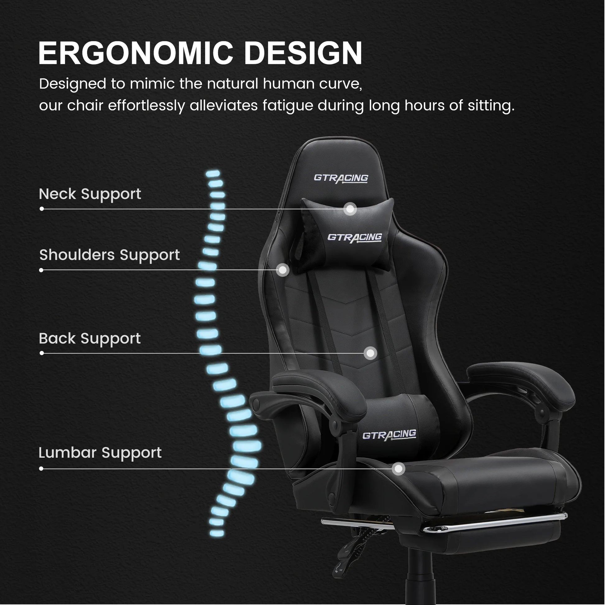 GTRACING Ergonomic GTWD-200 Gaming Chair with Adjustable Pillows and Footrest, Black
