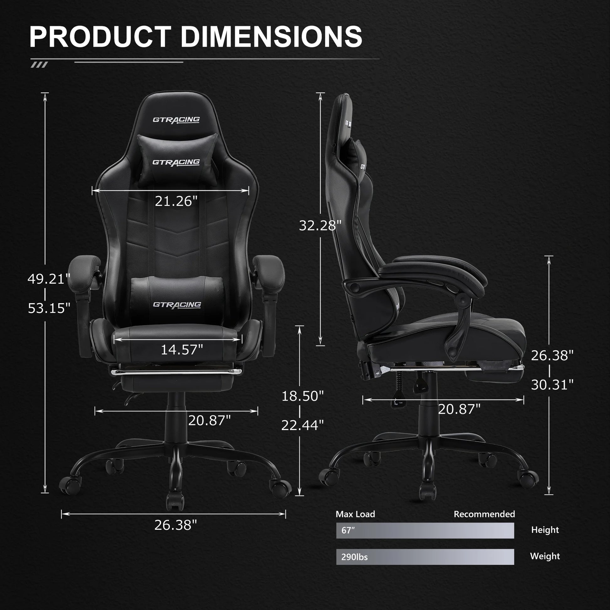 GTRACING Ergonomic GTWD-200 Gaming Chair with Adjustable Pillows and Footrest, Black