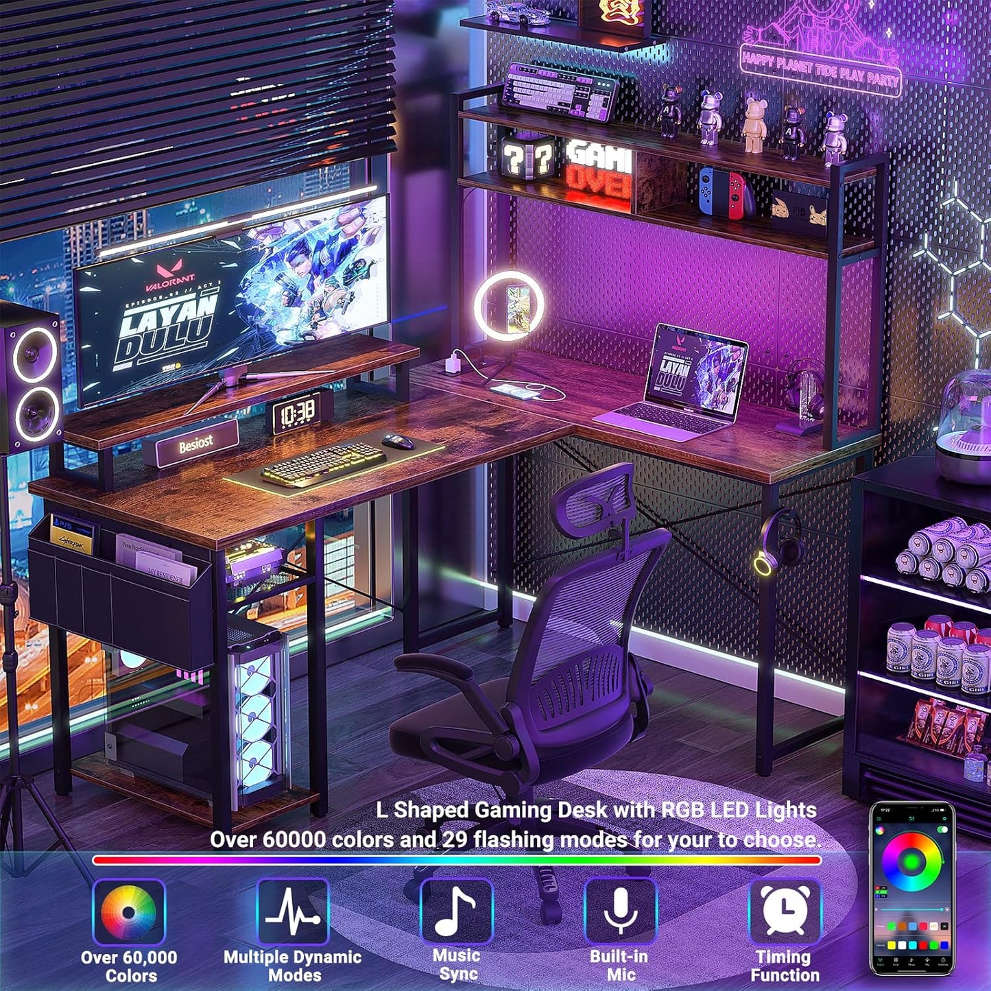 Small L Shaped Gaming Desk with Power Outlets, 48" Reversible L Shaped LED Computer Desk with Monitor Stand & Storage Shelf, Corner Gamer Desk Home Office Desk with Storage Bag, Rustic Brown