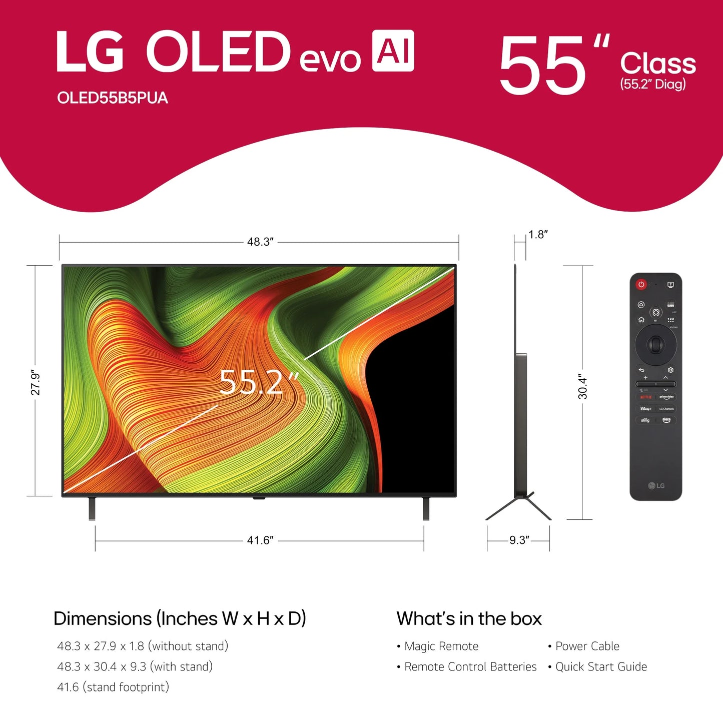 LG 55" OLED B5 Series 4K UHD OLED AI Smart Webos 25 TV, OLED55B5PUA