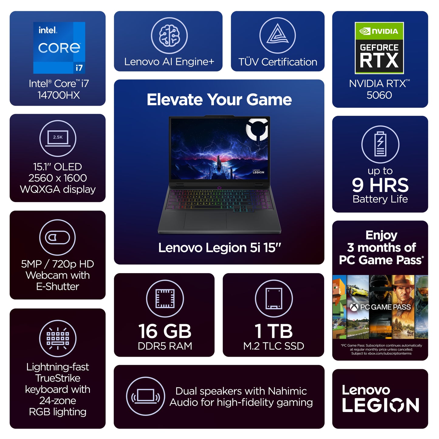 Lenovo Legion 5I 15.1" OLED WQXGA Laptop, Intel Core I7 14700HX, 16GB RAM, 1TB SSD, NVIDIA® Geforce RTX™ 5060