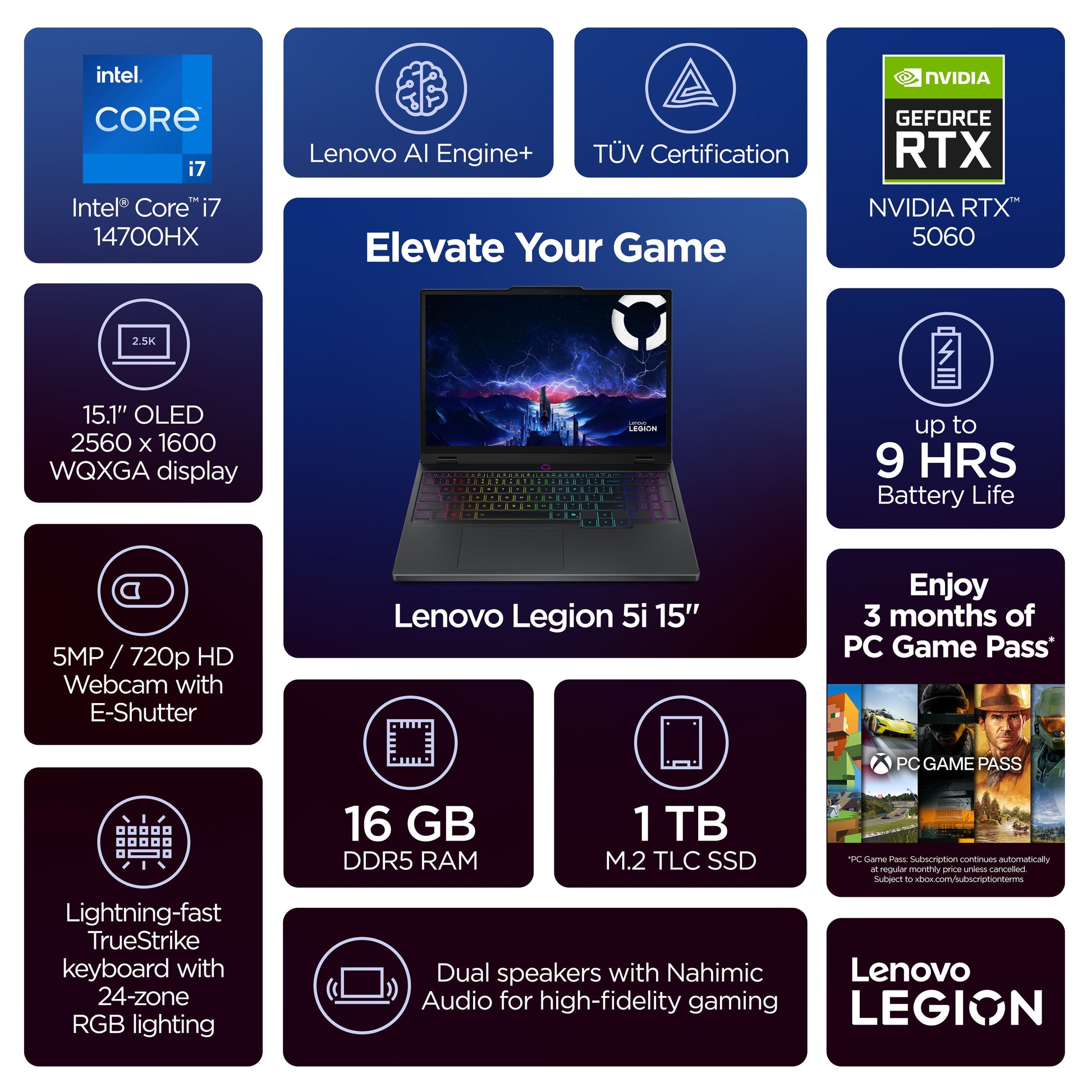 Lenovo Legion 5I 15.1" OLED WQXGA Laptop, Intel Core I7 14700HX, 16GB RAM, 1TB SSD, NVIDIA® Geforce RTX™ 5060