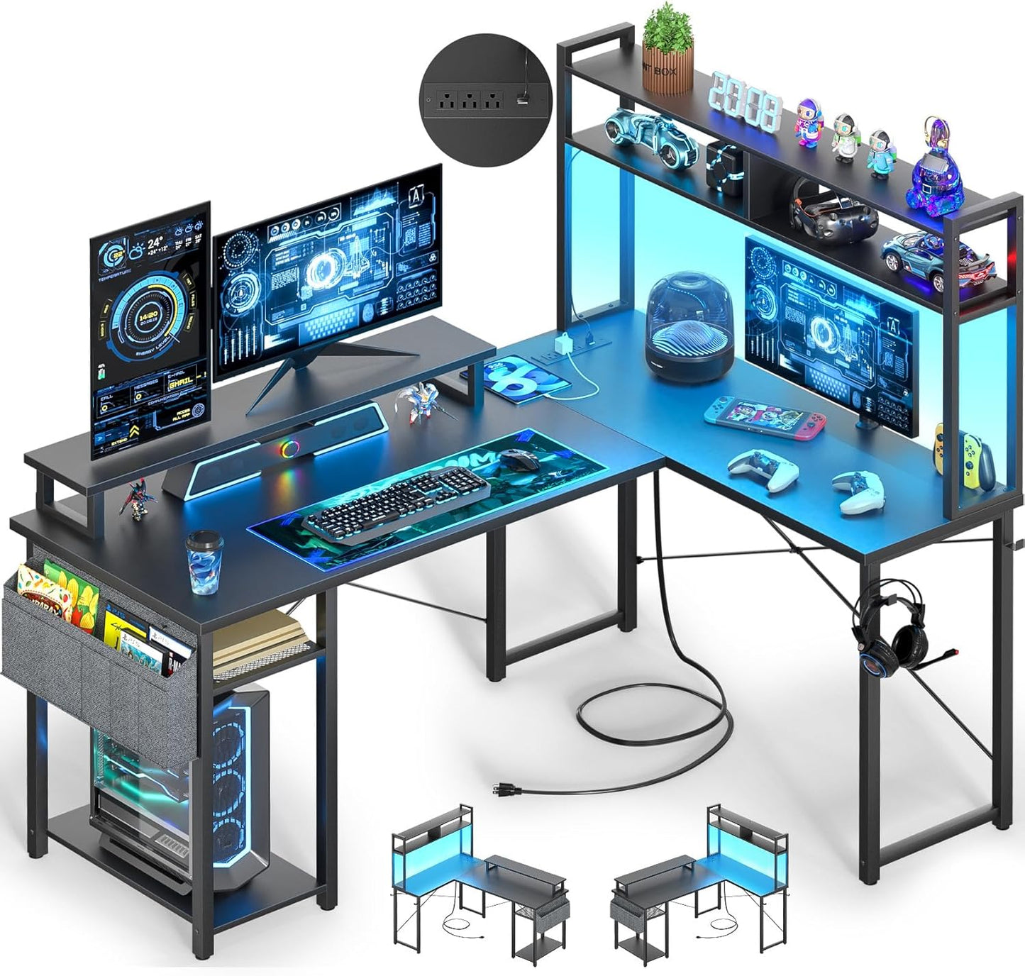 Small L Shaped Gaming Desk with Power Outlets, 48" Reversible L Shaped LED Computer Desk with Monitor Stand & Storage Shelf, Corner Gamer Desk Home Office Desk with Storage Bag, Rustic Brown