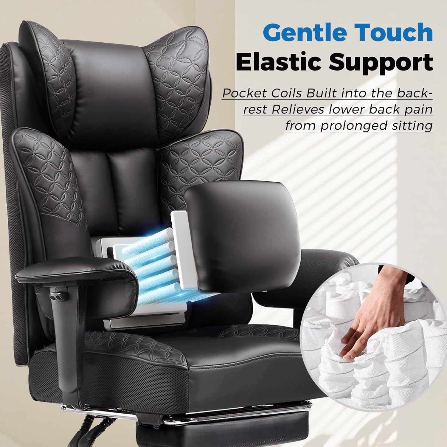 GTPLAYER Big and Tall Office Chair 400LBS Wide Ergonomic Gaming Chair with Deluxe Embossing Designed Leather with Foot Rest,150°Reclining Adjustable Soft Armrests Pocket Spring Back Support and Pillow