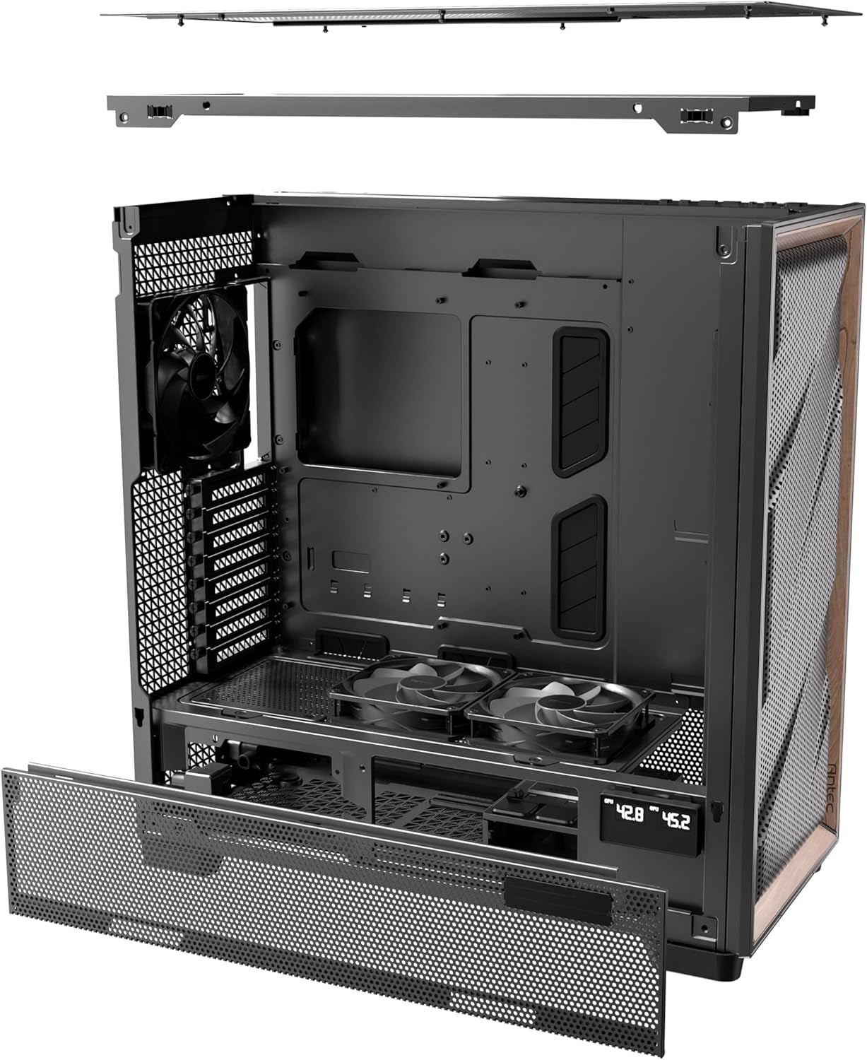 Antec Flux Pro, 6 X PWM Fans Included, High-Airflow Front Panel with Walnut Wood, Ishift PSU 90° Mount, USB3.0 X 2, Type-C, 420Mm Radiator Support, Temp. Display, Full-Tower E-ATX PC Case