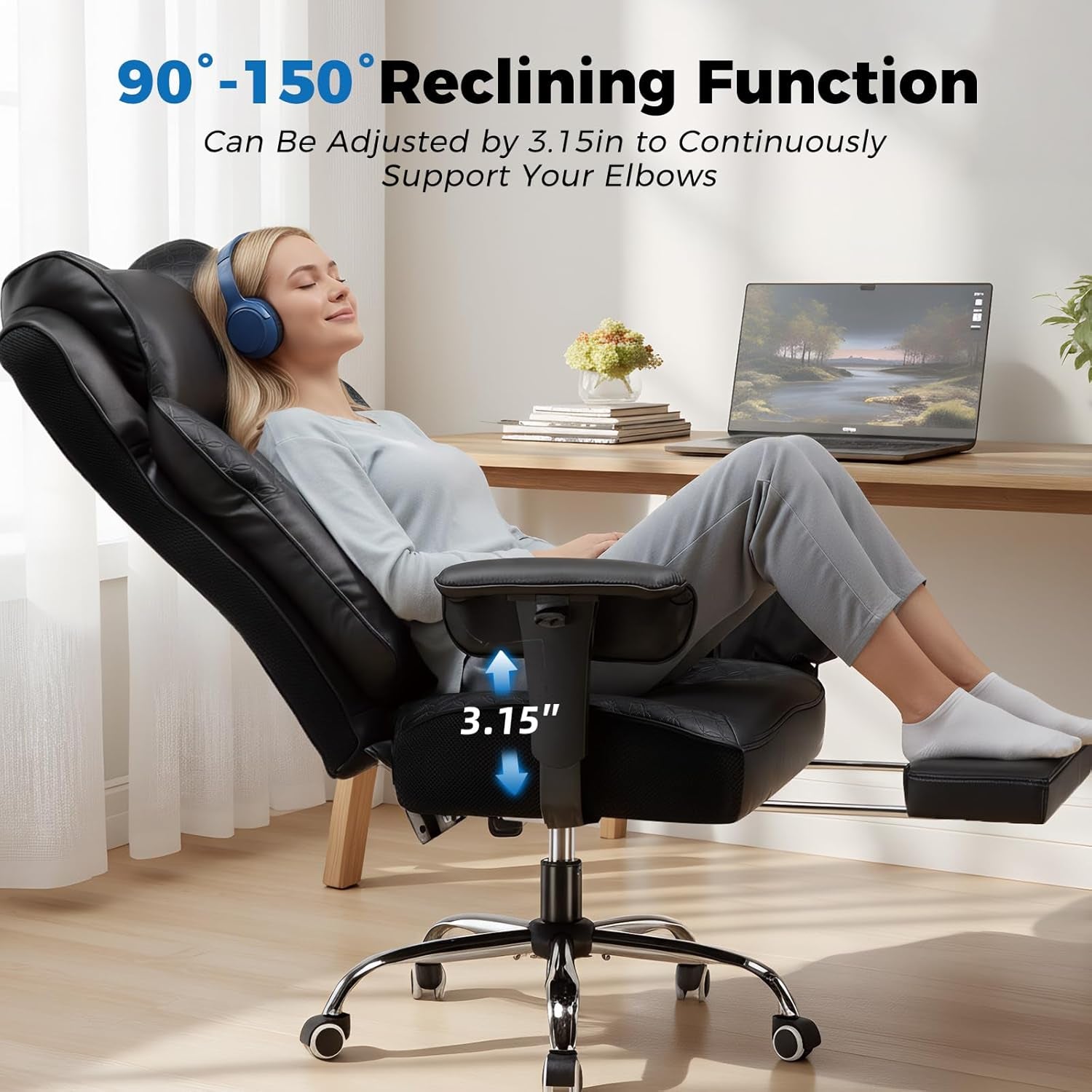 GTPLAYER Big and Tall Office Chair 400LBS Wide Ergonomic Gaming Chair with Deluxe Embossing Designed Leather with Foot Rest,150°Reclining Adjustable Soft Armrests Pocket Spring Back Support and Pillow