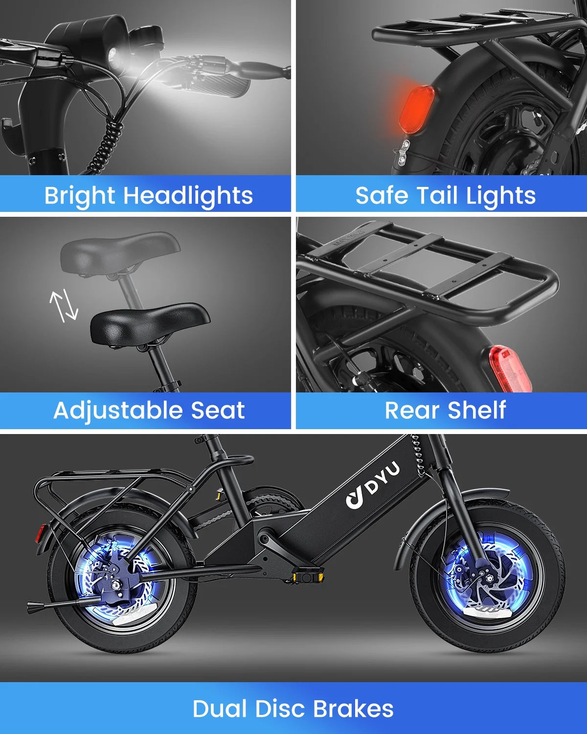 DYU 14" Folding Electric Bike for Adults Teens, 500W Peak Motor 36V/7.8AH Battery, Commuter City Ebike, UL2849