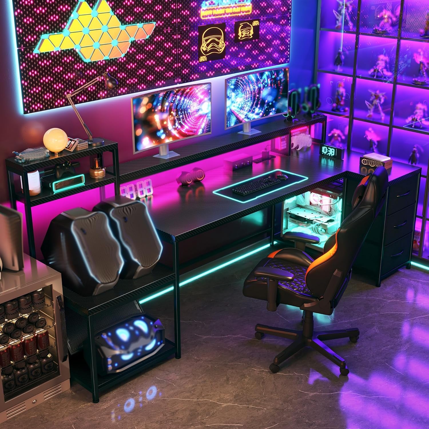 71" L Shaped Gaming Desk with 3 Drawers & Hutch, Computer Desk with Monitor Stand & Power Outlet, Home Office Desk Reversible Black Desk with LED Light,Printer Shelf,Storage Shelves,Black Carbon Fiber