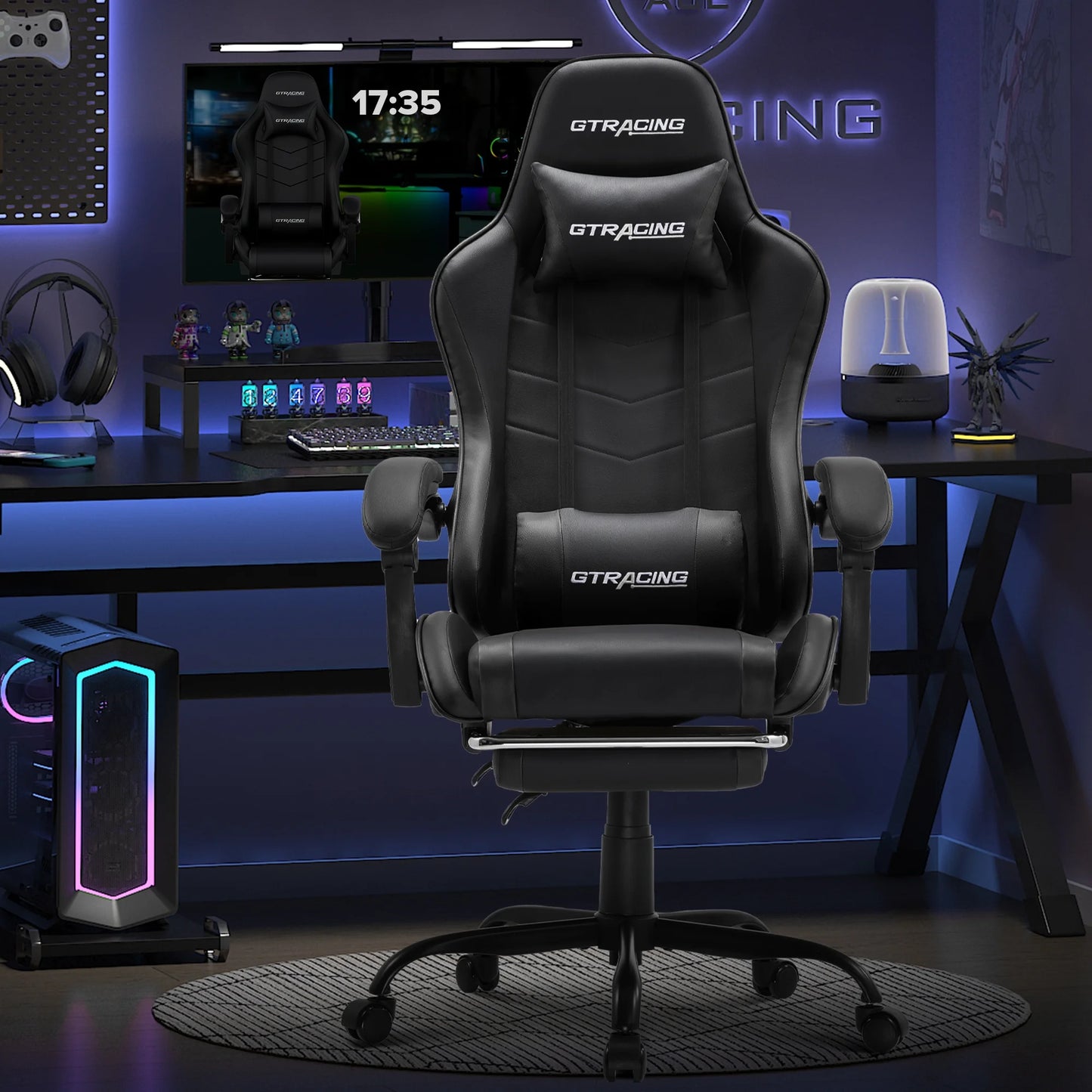 GTRACING Ergonomic GTWD-200 Gaming Chair with Adjustable Pillows and Footrest, Black